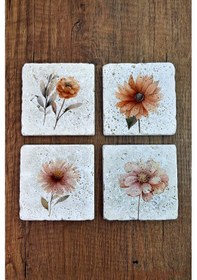 Resim Çizgi Çiçek Temalı Doğal Taş Bardak Altlığı - Stone Coasters Çok Renkli 