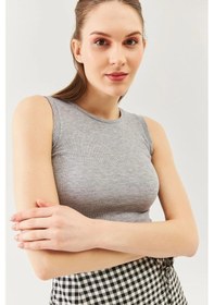 Resim Butikgiz Kadın Sıfır Kol Bisiklet Yaka Vücuda Oturan %100 Pamuklu Kaşkorse Esnek Crop Bluz Gri 