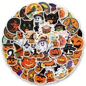 Resim 60 adet Cadılar Bayramı temalı vinil etiket paketi, kabaklar ve karanlık tasarımlarla, su şişelerini süslemek ve Cadılar Bayramı hediyesi olarak mükemmel. 