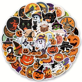 Resim 60 adet Cadılar Bayramı temalı vinil etiket paketi, kabaklar ve karanlık tasarımlarla, su şişelerini süslemek ve Cadılar Bayramı hediyesi olarak mükemmel. 