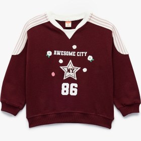 Resim Kız Bebek Şardonlu Pamuklu Uzun Kollu Renk Kontrastlı V Yaka Baskılı Sweatshirt 