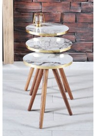 Resim Zigon Sehpa 3'lü Torna Ahşap Ayak Altın Efes Beyaz 