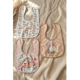 Resim Babydonat Lumi Lamb 3'lü Bebek Mama Önlüğü Seti - %100 Pamuklu, Yumuşak Dokulu, Sıvı Emici Çıtçıtlı Bebek Önlüğü - Bej ve Gül Kurusu 