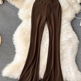 Resim Kadınlar İçin Yüksek Bel Dar Kesim Pantolon - Esnek ve Şeffaf Olmayan Kumaş, Kahverengi Resmi & Günlük Giyim - Makinede Yıkanabilir Parti, Ofis, Gündelik Kullanım - Yetişkin Kadın Formal ve Günlük Pantolon, Ofis Kıyafeti, Parti Kıyafeti, Çapraz Ön Tasarım, Yüksek Esneklik Malzeme, Şık Siluet 