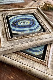 Resim Oscar Stone Decor Çerçeveli Taş Duvar Dekoru Tablo 20x20cm 2'li Set Nazar Göz 