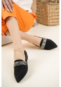 Resim Sıra Taşlı Saten Babet Siyah-Siyah 