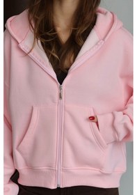 Resim Balenbi Kadın 3 İplik İçi Polarlı Kapüşonlu Oversize Sweat Hırka 1110 Pembe 