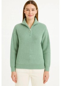 Resim Oada Kadın Yarım Fermuarlı Triko Kazak Selanik Örgü, Dik Yaka, Pamuklu Dokuma, Oversize Uzun Kollu Kışlık Model - Mint Yeşili 