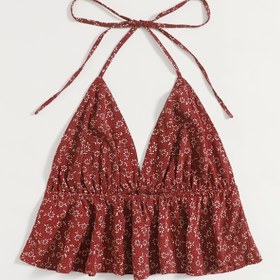 Resim Kadınlar İçin Y2K Çiçek Desenli Halter Boyunlu Tank Top - Ayarlanabilir Sırt Fiyonklu, Hafif ve Nefes Alabilen Kumaş, İlkbahar Yaz Sonbahar için, Günlük Tatil Plaj Giyimi, Mevsimlik Moda, Vücuda Oturan Tasarım, Akıcı Kumaş 
