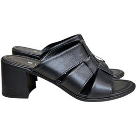 Resim Siyah Hakiki Deri Bant Detaylı Topuklu Comfort Taban Terlik Siyah 