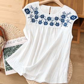 Resim Yazlık Kadın Modası Tatil Yuvarlak Yaka Vintage Çiçek Nakışlı Düz Renk Gömlek 