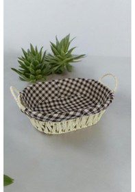 Resim Hasır Rattan Ekmeklik Ekmek Sepeti Oval Ekose Kumaş Krem 
