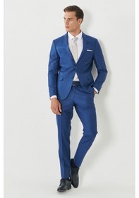 Resim AC&Co / Altınyıldız Classics Eksta Slim Fit Dar Kesim Mono Yaka Kareli Mavi Takım Elbise Mavi-48-6N Mavi 