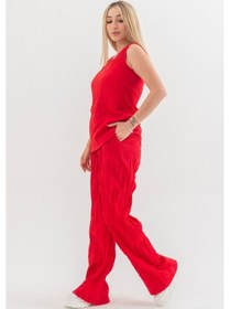 Resim Bold & Young Kraşlı Cepli Beli Lastikli Viskon Polyester Dokuma Pantolon Kırmızı 