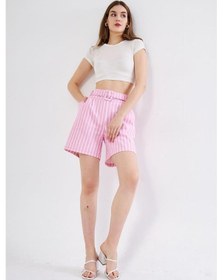 Resim Pasaklı Giyim Kadın Gabardin Kumaş Cepli Kemerli Tokalı Çizgili Kısa Şort 3562210 Pembe 