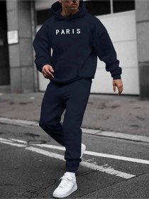 Resim Paris Yazı Eşofman Takımı Sweatshirt Jogger - Lacivert Baskılı Oversize Şardonlu Kapüşonlu Lacivert-265576 