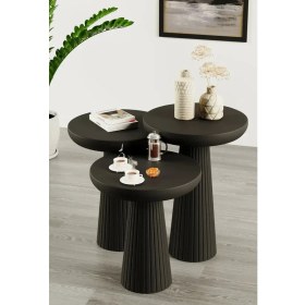 Resim Wooden Siyah Ahşap 3lü Set Fitilli Mantar Yan Sehpa Modern Siyah Renk Fiskos 
