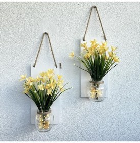 Resim Led Işıklı, Sarı Nergis Çiçekli Duvar Dekoru Beyaz İkili Set Beyaz 