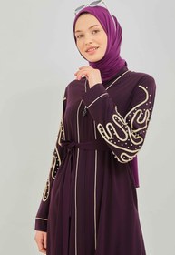 Resim İnci ve Kurdele Nakışı Detaylı Biyeli Abaya Ferace Mürdüm | 206768 - 44 / Mürdüm 