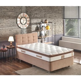 Resim Niron Queen 120x200 Bir Buçuk Kişilik Pedli Yatak Seti Sütlü Kahve Kumaş Baza Başlık ve Yatak Takımı 
