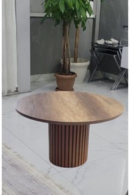 Resim MatBeyaZ bohem Ayak çıtaları vernekli Yuvarlak Orta Sehpa ofis sehpa 72 cm üst çapı ceviz renk 