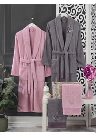 Resim Pudra Antrasit Havlulu Bornoz Seti 4lü Pembe 