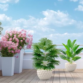 Resim 2'li büyük yapay palmiye ağaçları seti - UV dayanıklı, iç ve dış mekan dekorasyonu için uygun, ev, otel, bahçe, ofis, düğün ve tatil sahneleri, yer yerleştirme, çok fonksiyonlu oda dekorasyonu, yeşil yelpaze mimari tarz 