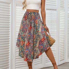 Resim Kadınların Boho Chic Geometrik Desenli Maxi Etek, Sahte Bağcıklı Bel ile - Plaj Tatilleri ve Rahat Gezintiler için Mükemmel, Plaj Etek|Boho Chic Tarzı|Poliester Kumaş 