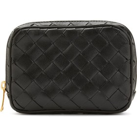Resim Bottega Veneta Siyah Örgü Dokulu Deri Makyaj Çantası 