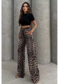 Resim Lesa Wear Leopar Desenli Yumuşacık Yüksel Bel Geniş Paça Likralı Jarse Pantolon Flared Leopar 