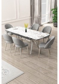 Resim Canisa Weps Serisi 89x150 Açılabilir Lak Panel Beyaz Mermer Krom Ayak Masa Takımı Ve 6 Gri Sandalye Beyaz Mermer Desen Masa Gri Sandalye 
