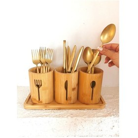 Resim Bambu Altlıklı 3'lü Çatal Kaşık Bıçak Düzenleyici Set 4 Parça Bambu 