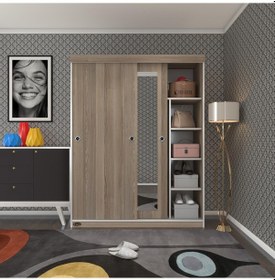 Resim Kenzlife Gardırop Sürgülü Kapaklı Kapılı 140 Papatya Crd Aynalı Gardolap Dolap 