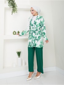 Resim VOLT CLOTHİNG Kadın Çiçek Desenli Kapamasız Kuşaklı Kimono Takım 