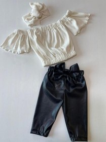 Resim Özge Başaran Kız Çocuk, Likralı Deri Fiyonk Detaylı Pantolon, Krem Straplez Crop Bluz Ve Saç Krem 