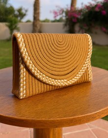 Resim Efuliz Home Handmade El Geçirme Detaylı Jüt Hasır Çanta, Zarf Portföy Hardal-Hasır Renk Clutch Çanta. 