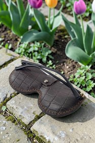 Resim CY Leather Solare Unisex Acı Kahve Baskılı Hakiki Deri Gözlük Kılıfı 
