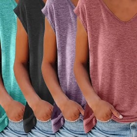 Resim Plus Beden, 4 Adet Kadın Günlük V Yaka Kısa Kollu Tişört - Pembe, Mavi, Yeşil, Siyah Renklerde | Nefes Alabilen Makinede Yıkanabilir Opak Üstler, Bayan Tişörtleri, Çok Yönlü Gardırop Esası, Basit Tasarım, Hafta Sonu Giyimi 