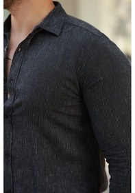 Resim Erkek Çizgi Desenli Uzun Kollu Pamuklu Keten Gömlek Siyah 
