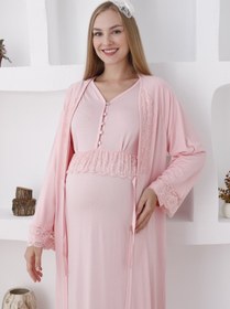 Resim Uzun Kollu Gecelik Ve Sabahlıklı 2’li Hamile/lohusa Takımı - 2285 - Pembe / M / Terlik ve Taç Seti İstemiyorum 