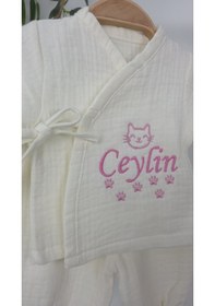 Resim Gros Shop Müslin Yeni Doğan 4katlı Organik %100pamuk Kişiye Özgü Nakışlı Hastane Çıkış Seti Kedi Patisi Ekru-3 