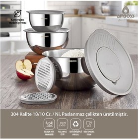 Resim Amboss 9 Parça Gri Satin Çok Amaçlı Paslanmaz Çelik Kase ve Rende Seti 
