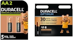 Resim Duracell Şarj Edilebilir AA 2500 mAh Kalem Piller, 2'li + Duracell Optimum AA Alkalin Kalem Piller, 1,5 V LR6/MN1500, 8’li Paket 