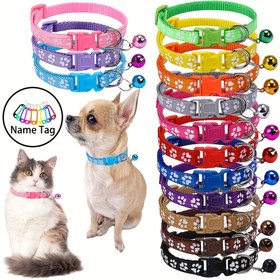 Resim 1 adet Ayarlanabilir Çıkarılabilir Kedi Kolyesi, Çanlar ve İsim Etiketi ile - Ayak İzi Tasarımı, Dayanıklı Polyester Malzeme, Sevimli Karikatür Deseni, Kediler ve Gençler için Mükemmel, Ayarlanabilir Kolye | Eğlenceli Görünüm | Dayanıklı Evcil Kedi Kolyesi, Kedi Kolyesi Aksesuarı 