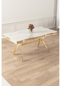 Resim Canisa Vae Serisi 90x160 Lak Panel Beyaz Mermer Desen Gold Ayak Masa Takımı 6 Lacivert Sandalye Beyaz Mermer Desen Masa Sandalyeler Lacivert 