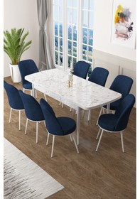 Resim Canisa Concept Zen Serisi 80x132 Mdf Açılabilir Beyaz Mermer Desen Masa Takımı Ve 8 Lacivert Sandalye Masa Beyaz/sandalyeler Lacivert 