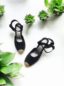 Resim Dolgu Topuk Arkası Açık Hasırlı Keten Sandalet Siyah 