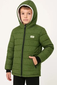 Resim Erkek Çocuk Yeşil Desenli Mont İçi Sıcak Tutucu Pelüş Astarlı, Kapüşonlu Fermuarlı Su İtici Kışlık Şişme Mont- Haki - Haki / 8-9 Yaş 