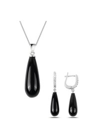 Resim Gümüş Uzun Damla Model Kolye Küpe Oniks Taşlı Set 