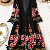 Resim Kadınlar için Şık Büyük Beden Çiçekli Püsküllü Hırka - Hafif, Şeffaf Polyester, Önü Açık ve Püskül Detaylı, İlkbahar/Yaz için Mükemmel, Büyük Beden Hırka 